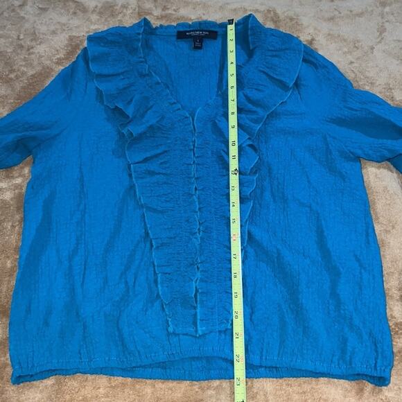 Andrew Marc New York Turquoise Ruffle Neck Top long Sleeve Sz S - Picture 11 of 12